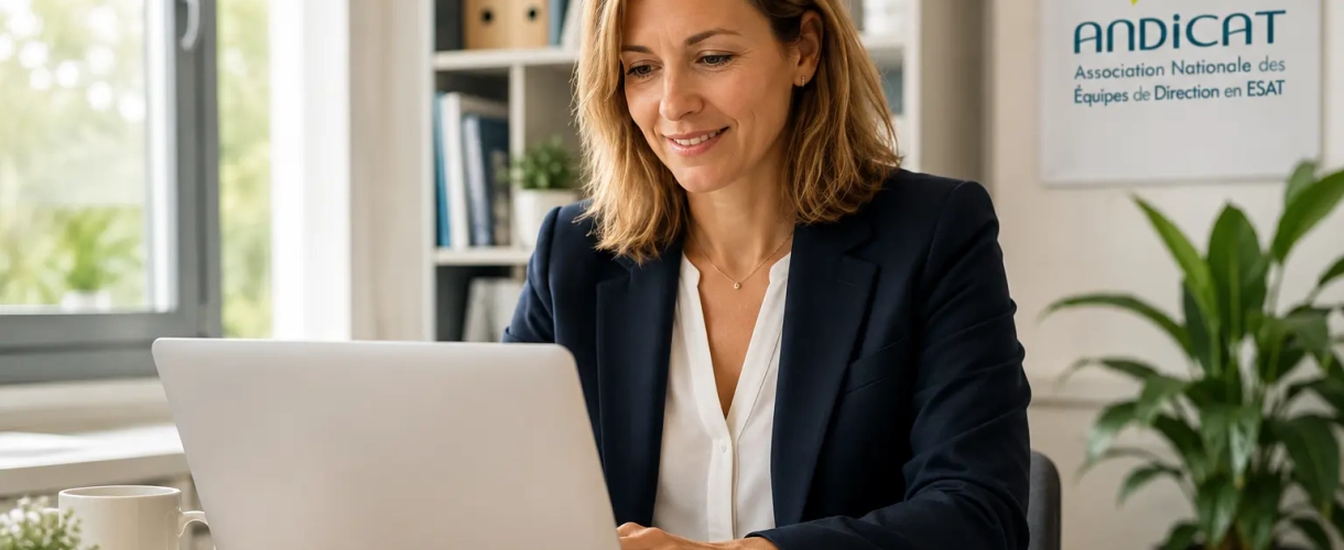 Directrice d’ESAT travaillant sur ordinateur dans son bureau, avec les supports ANDICAT, illustrant l’accompagnement, l’expertise et le réseau professionnel des équipes de direction en ESAT.